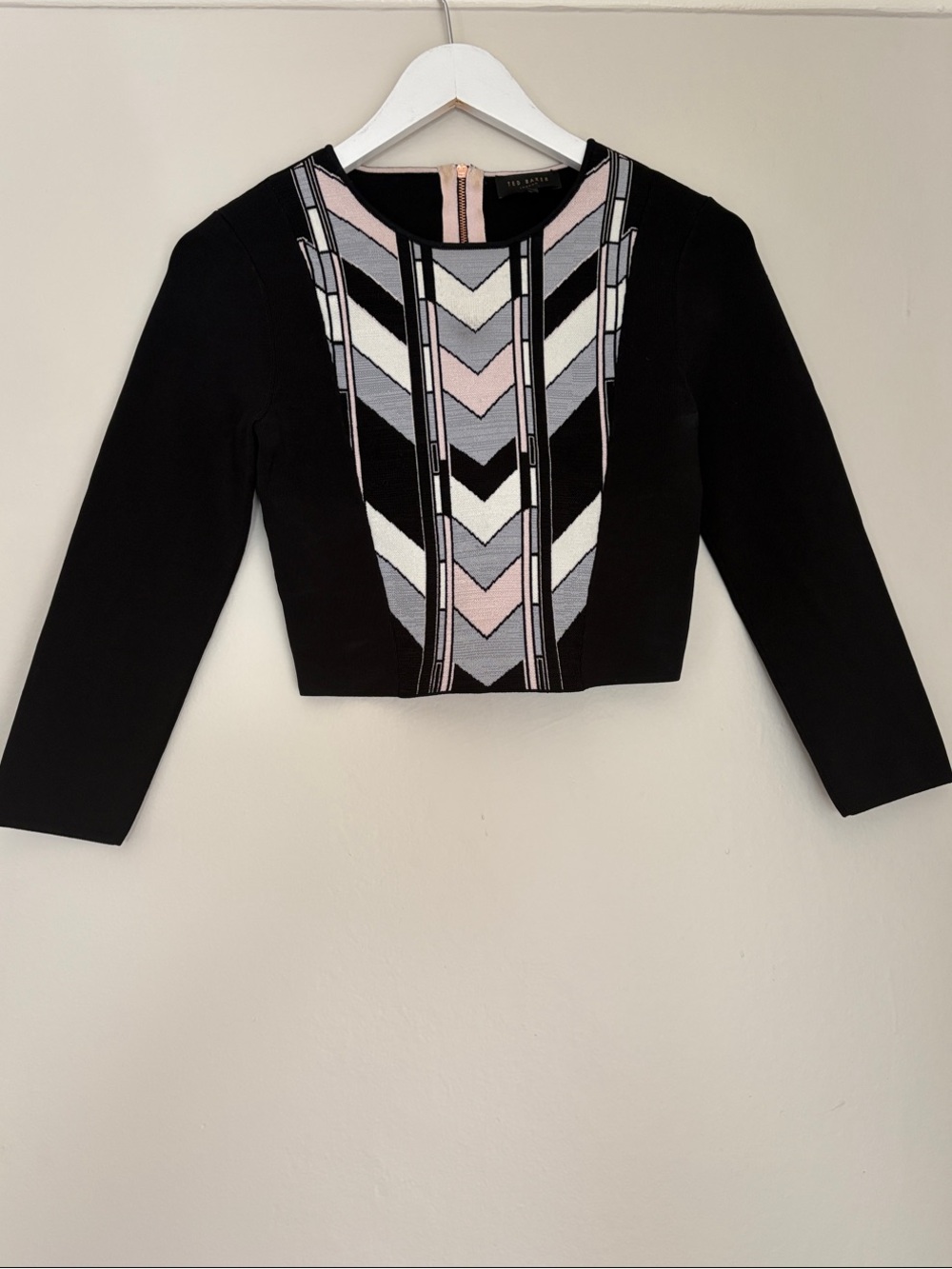 Ted Baker Black Cropped Top with Pink, White & Gray Chevron Panel